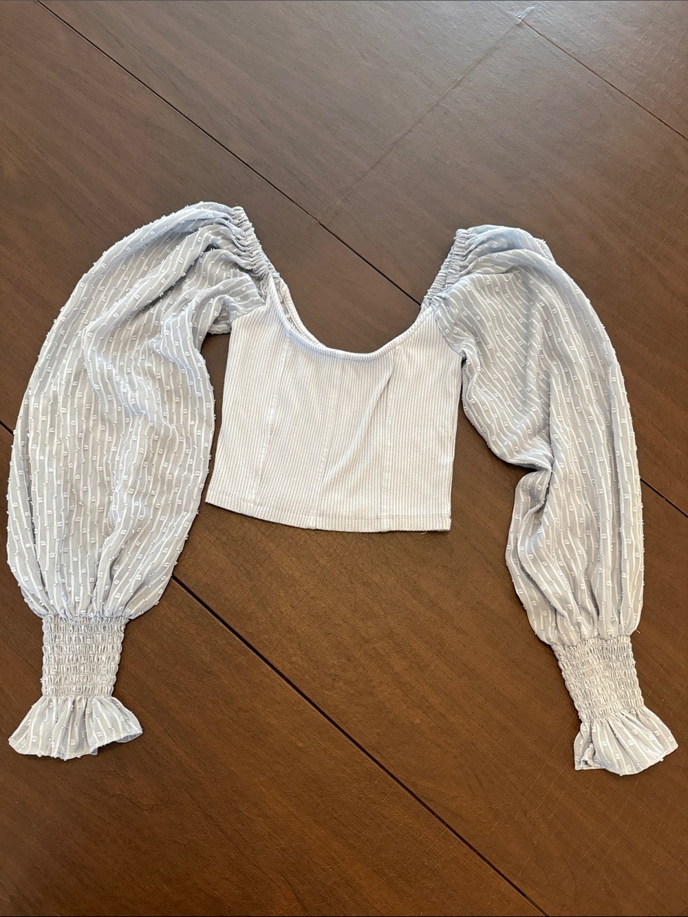 Urban Outfitters Light Gray Ribbed Crop Top with Puff Sleeves